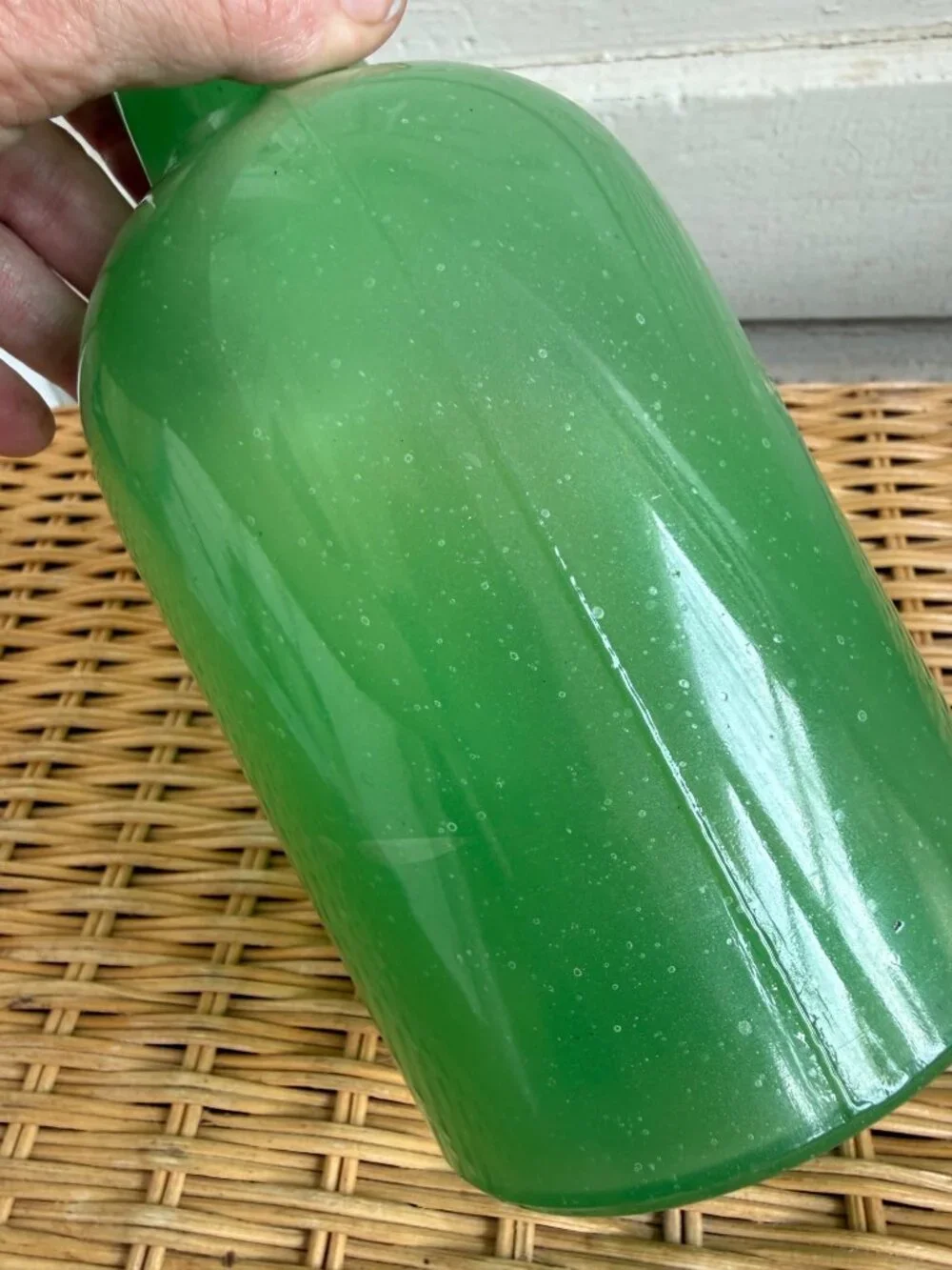 Vintage 50's Jadeite Opaque Green Glass Old Bottle/ Vase Flower Plant Decor